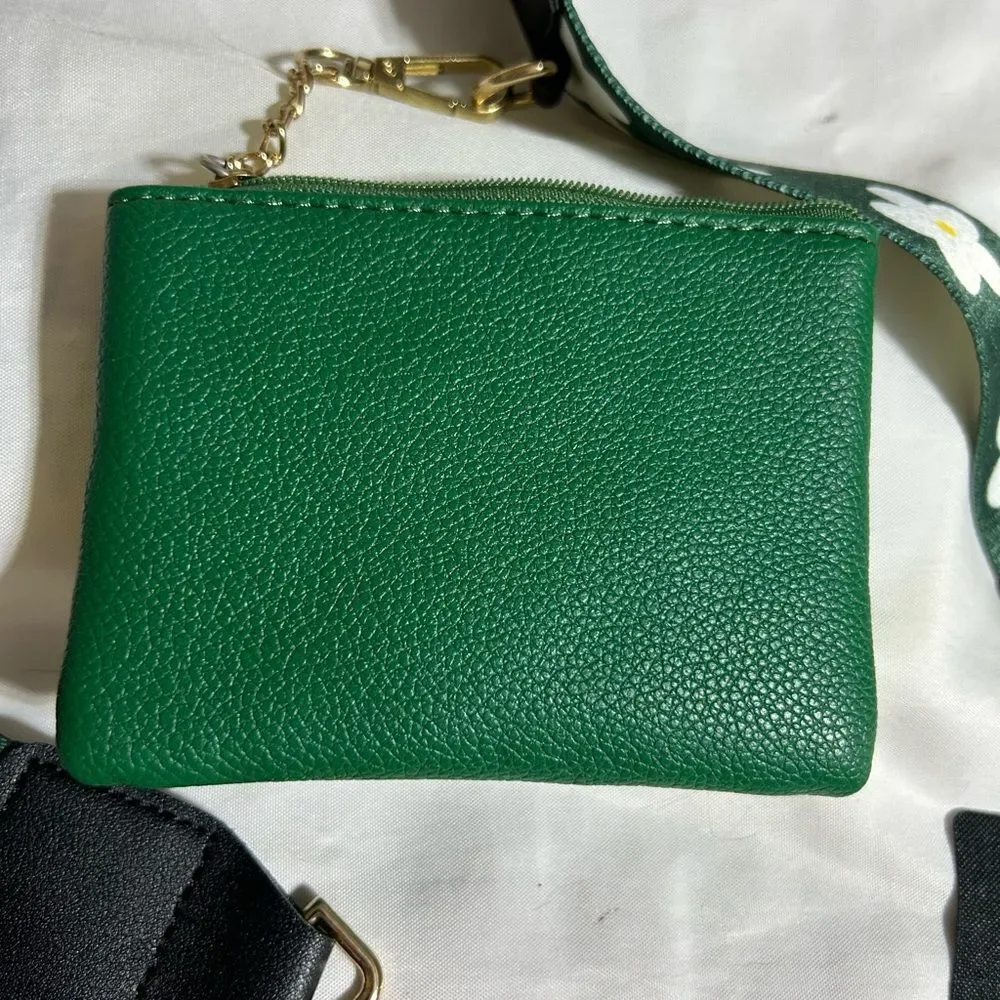 Phone Holder Coin Purse 🌼 NWOT Green Faux Leather Floral Strap Crossbody